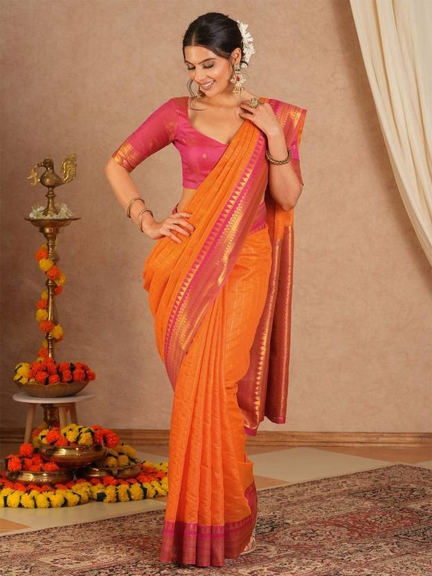 Woven Maheshwari Cotton Blend Saree  (Orange) Special price
