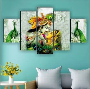 saf Radha Krishna Religious UV Textured Wall for Home decorative Digital Reprint 18 inch x 30 inch Painting  (Without Frame, Pack of 5)